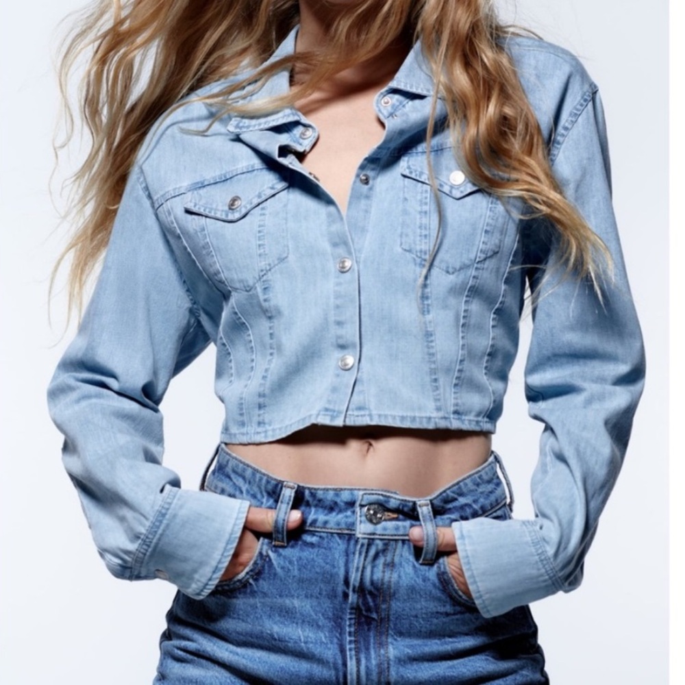 Zara Light Blue Cropped Lace Jean shirt
